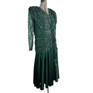 Filigree Ltd Emerald Green 80s Cocktail Dress Vintage Lace Sequin Zip M L Formal